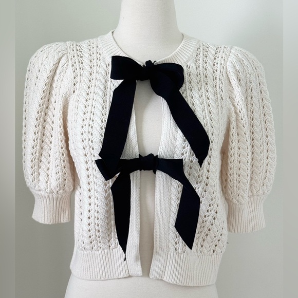 Alice+Olivia Puff Sleeve Bow Cardigan short sleeve Sweater...